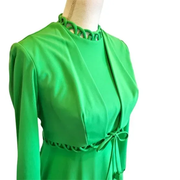 Vintage 70s 2‎ Piece Dress Set Green Polyester High Neck Floor Length Sz Small - Picture 7 of 12